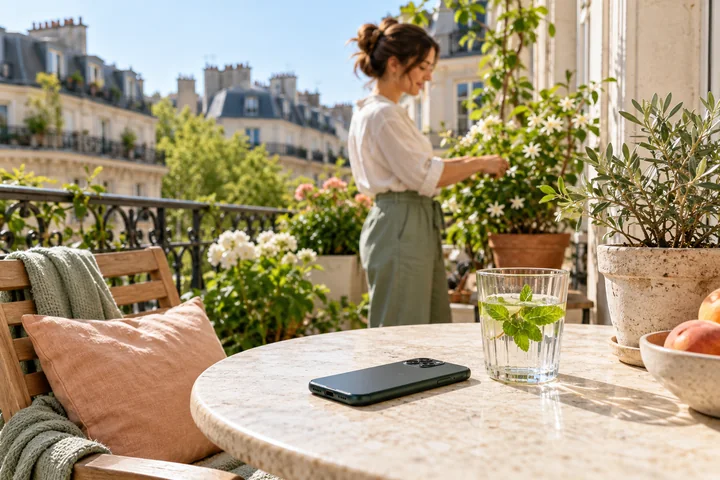Illustration d’un téléphone posé sur une table pendant une pause au balcon
