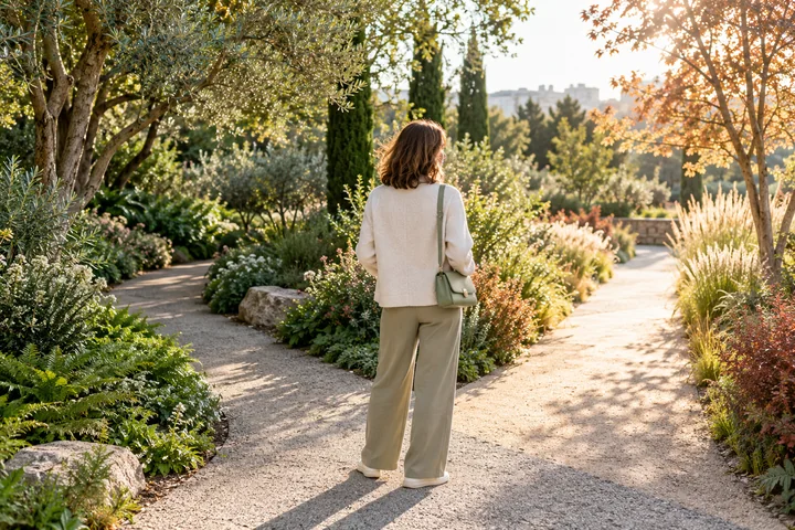 Illustration d’une personne à la rencontre de deux chemins dans un jardin