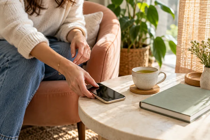 Illustration d’un téléphone, d’une tisane et d’un carnet dans un coin calme